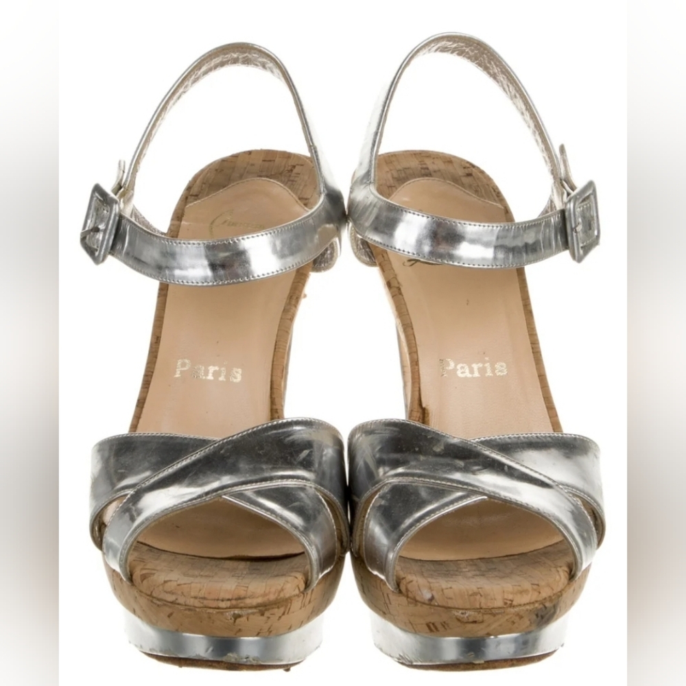 Christian Louboutin Silver & Cork Leather Platform Heels 7 - Picture 8 of 11